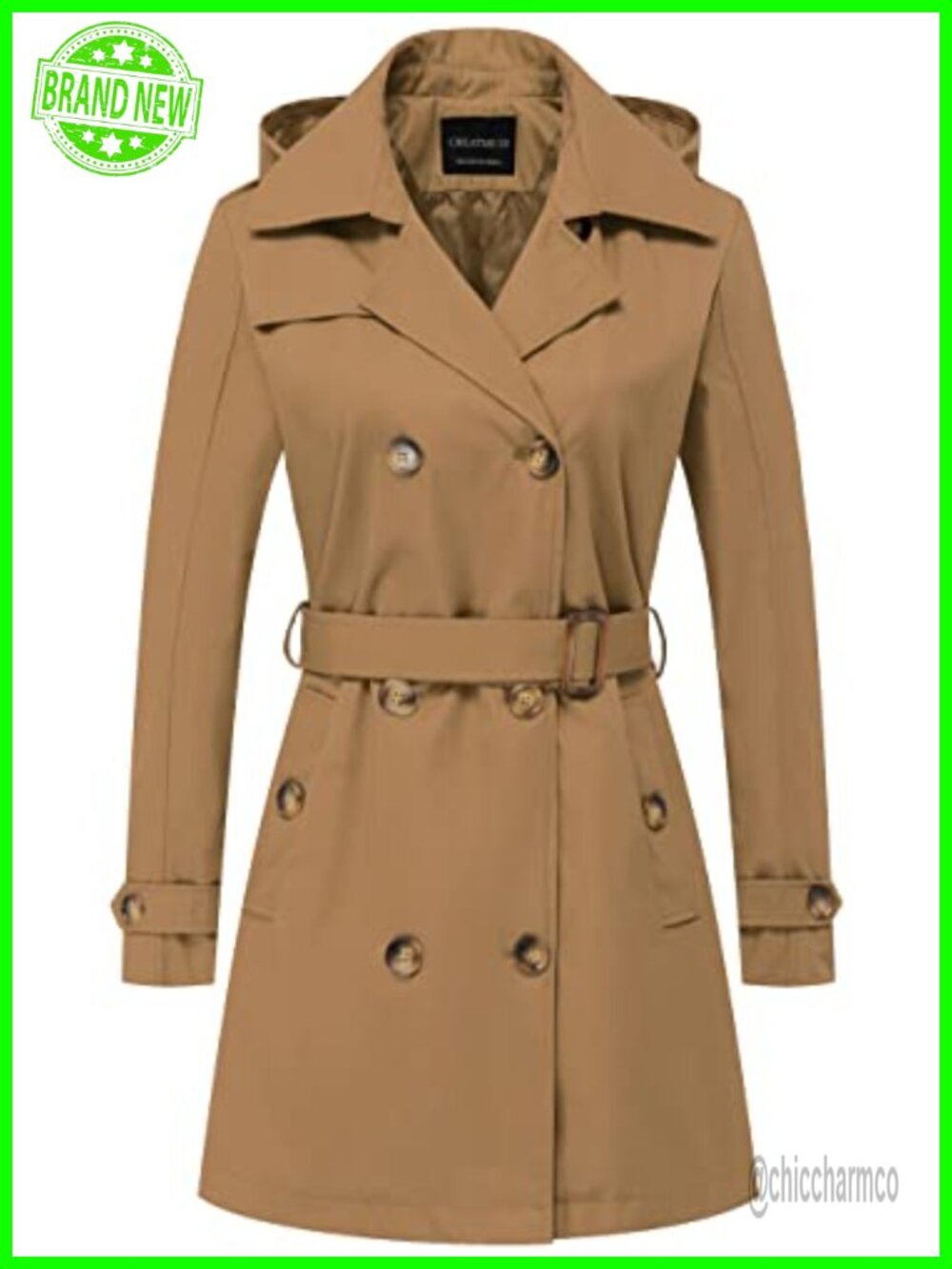 Women's Double-Breasted Trench Coat Slim Belted Detachable Hood Mid-Length